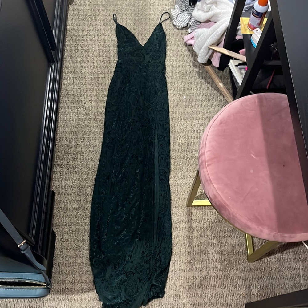 Green velvet patterned long prom dress